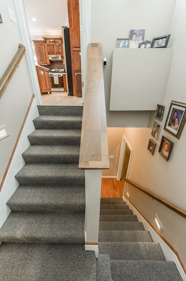 staircase with hardwood / wood-style floors