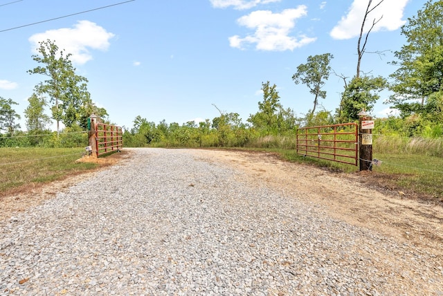 view of road featuring a gate, a gated entry, and a rural view