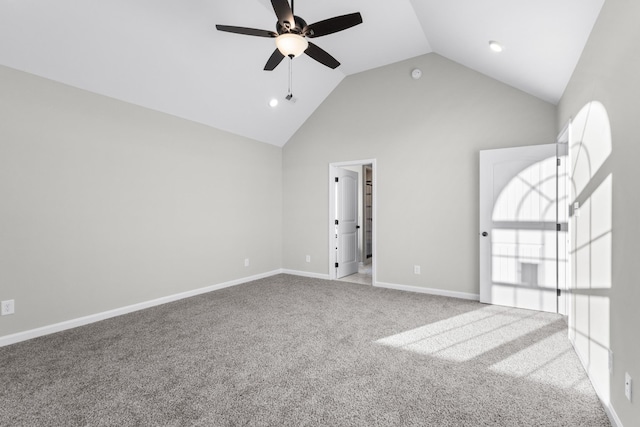 unfurnished bedroom with high vaulted ceiling, carpet, a ceiling fan, and baseboards