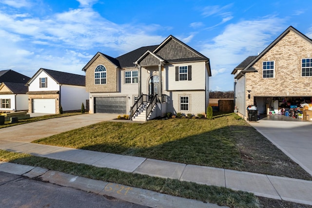 view of front of property with a garage, concrete driveway, brick siding, and a front yard