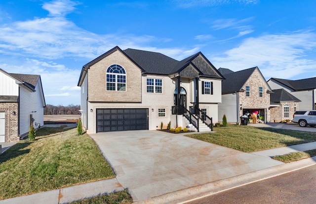 view of front of house featuring a front lawn, brick siding, driveway, and an attached garage