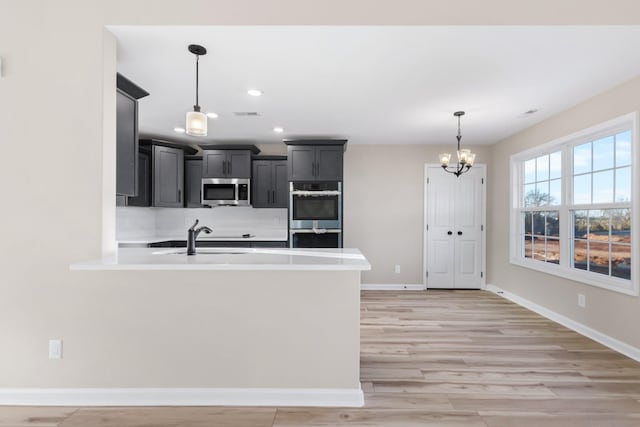 kitchen with stainless steel appliances, light countertops, a sink, a peninsula, and baseboards