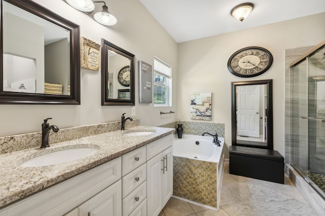 bathroom featuring vanity, separate shower and tub, and tile patterned flooring