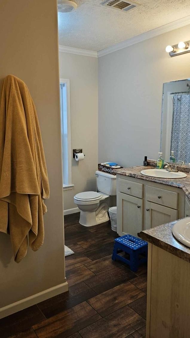 bathroom with hardwood / wood-style floors, toilet, a textured ceiling, and vanity