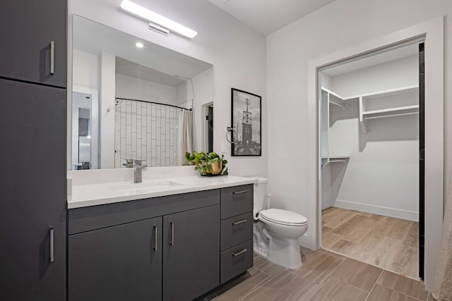 bathroom featuring vanity, toilet, curtained shower, and wood-type flooring