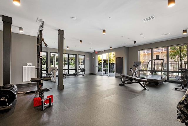 gym featuring ornate columns