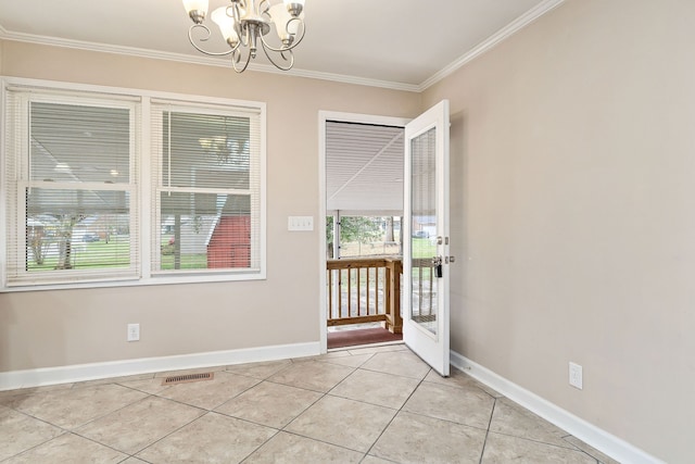 doorway with crown molding, light tile patterned floors, and a chandelier