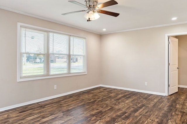 empty room with ceiling fan, a healthy amount of sunlight, dark hardwood / wood-style flooring, and crown molding