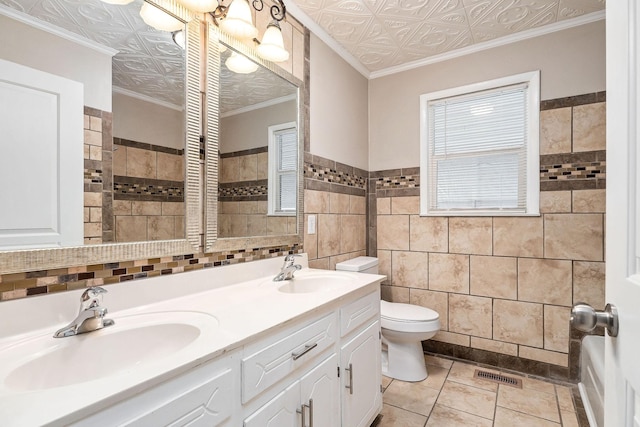 118 Van Buren St, Mcminnville, TN 37110 - full bath with tile walls, double vanity, an ornate ceiling, a tub to relax in, and a shower