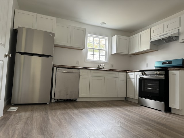 kitchen with white cabinetry, light hardwood / wood-style flooring, stainless steel appliances, and sink