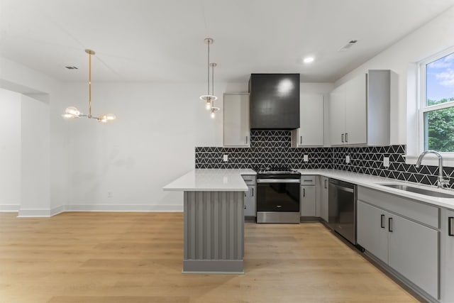 kitchen with light hardwood / wood-style flooring, appliances with stainless steel finishes, hanging light fixtures, sink, and gray cabinets