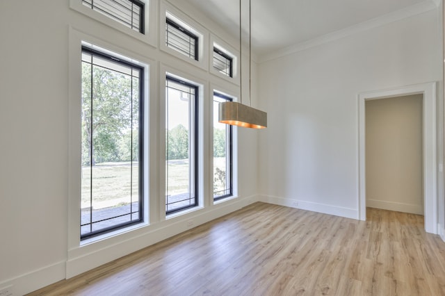 spare room featuring a wealth of natural light, ornamental molding, and light wood-type flooring