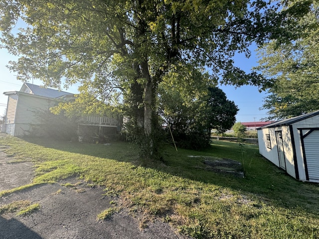 view of yard featuring a storage shed