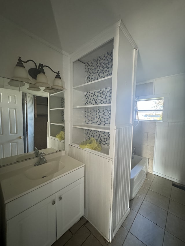 bathroom with vanity, separate shower and tub, and tile patterned floors