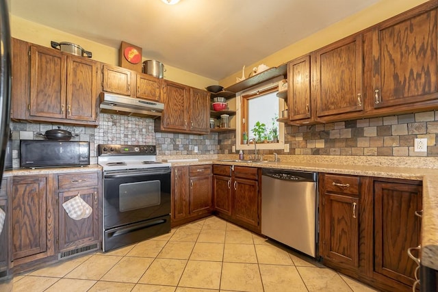 2409 Pepper Rd, Franklin, KY 42134 - kitchen with black electric range oven, dishwasher, under cabinet range hood, open shelves, and tasteful backsplash