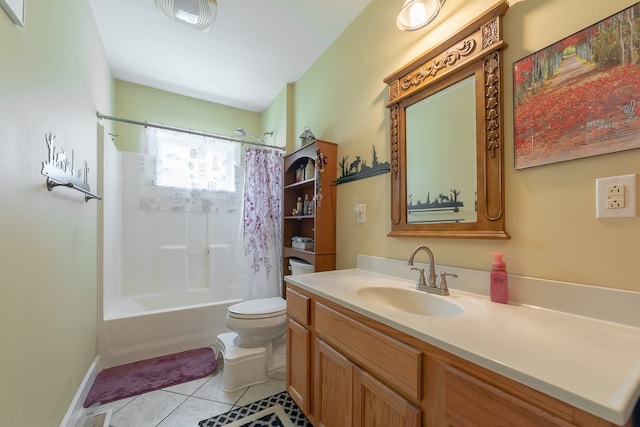 full bathroom featuring vanity, toilet, tile patterned floors, and shower / bath combo with shower curtain