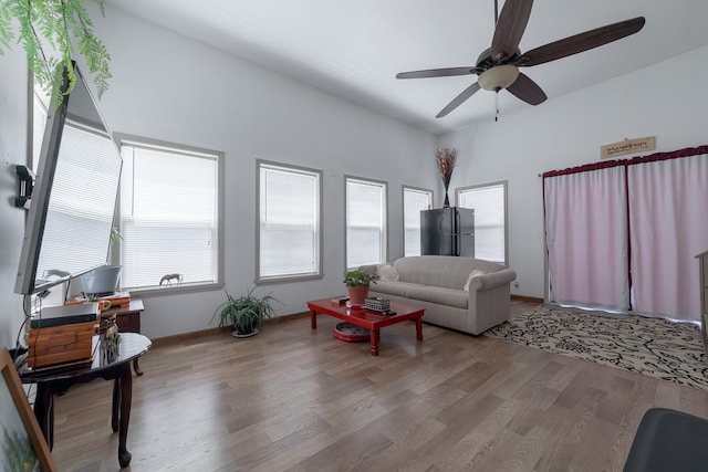 living room featuring ceiling fan and wood-type flooring