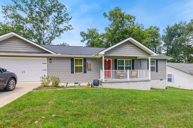 ranch-style house with a garage, covered porch, and a front lawn