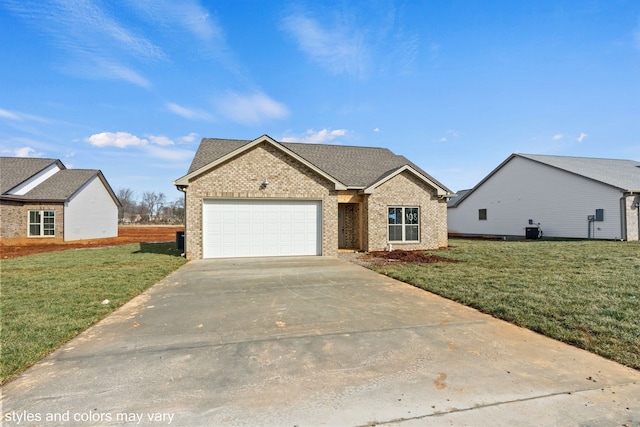 view of front of property featuring a front yard, a garage, and central air condition unit