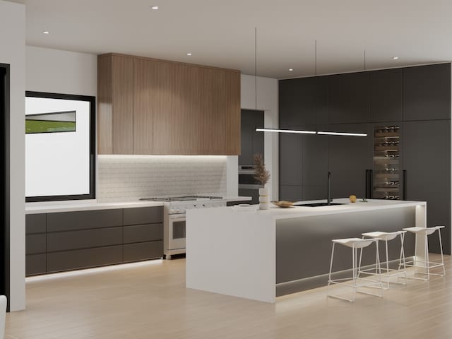 kitchen featuring stainless steel range, a center island, sink, light hardwood / wood-style flooring, and backsplash