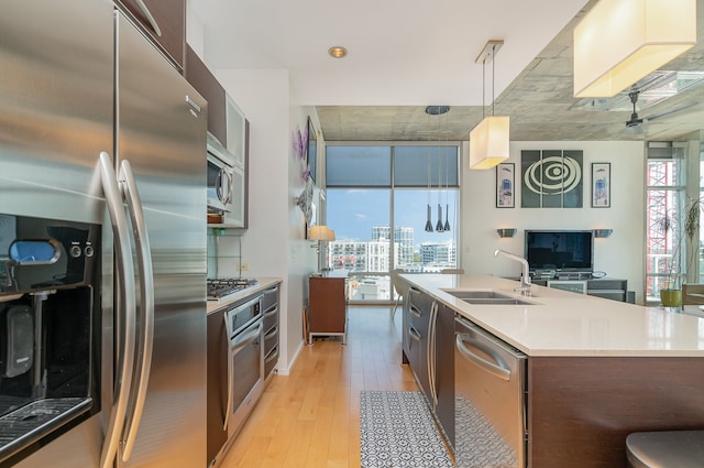 kitchen with stainless steel appliances, light hardwood / wood-style floors, sink, a wealth of natural light, and an island with sink