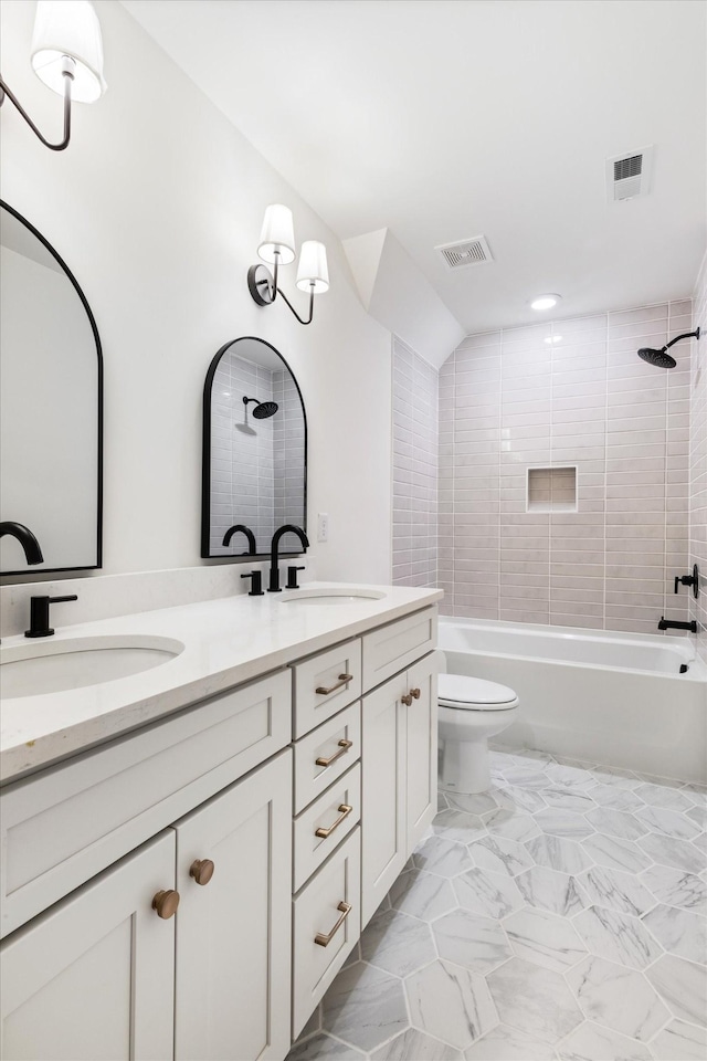 6816 Springwater St, Smyrna, TN 37167 - full bathroom featuring marble look tiles, double vanity, toilet, shower / bathtub combination, and recessed lighting