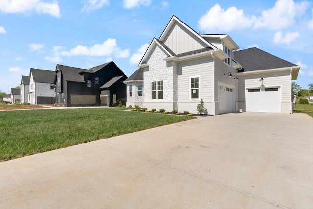 craftsman-style house with an attached garage, brick siding, driveway, board and batten siding, and a front yard