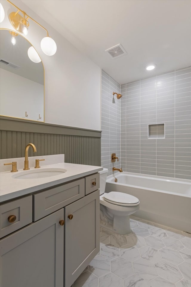 6816 Springwater St, Smyrna, TN 37167 - full bathroom with toilet, shower / bathtub combination, vanity, wainscoting, and recessed lighting