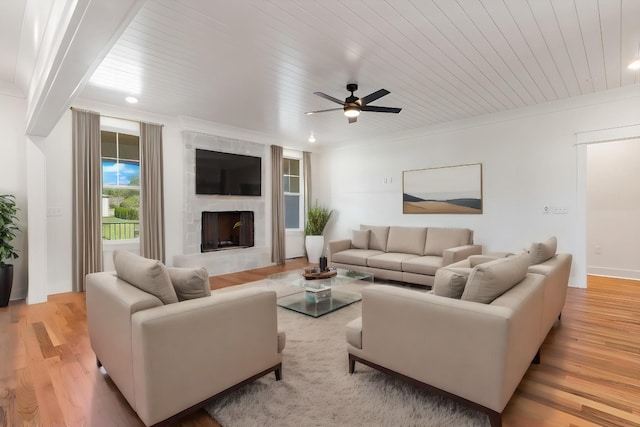 6816 Springwater St, Smyrna, TN 37167 - living room featuring a ceiling fan, light wood-style floors, wooden ceiling, a fireplace, and recessed lighting
