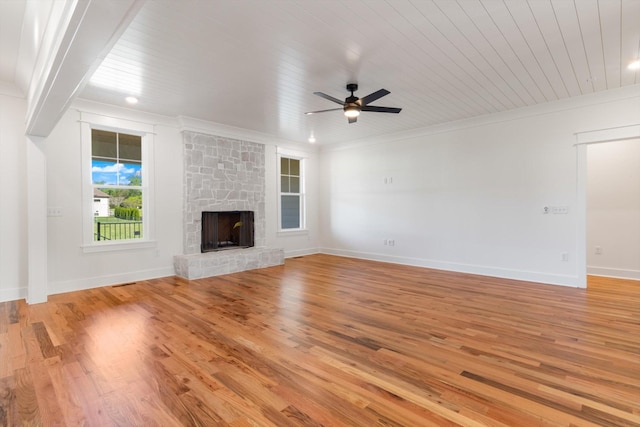 6816 Springwater St, Smyrna, TN 37167 - unfurnished living room with ceiling fan, light wood-style floors, a fireplace, baseboards, and wooden ceiling