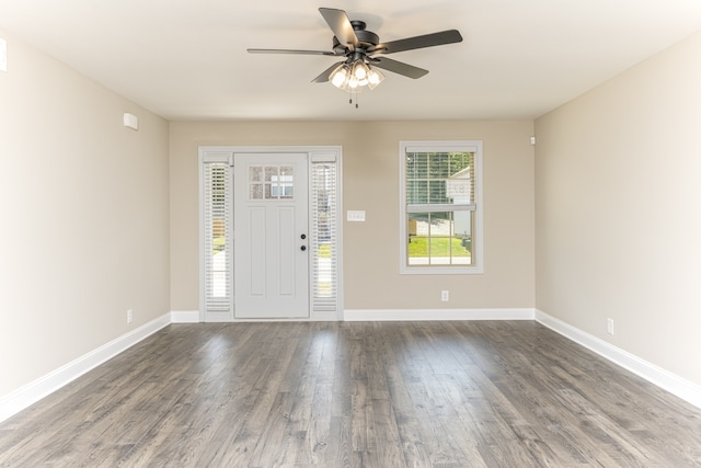 entryway featuring wood-type flooring and ceiling fan