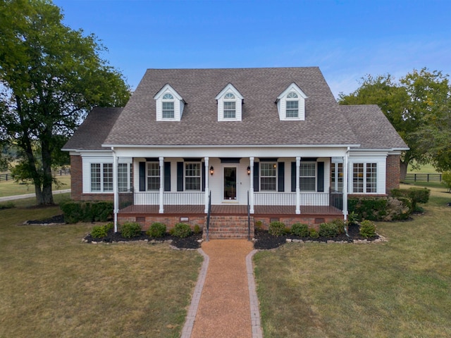 cape cod house featuring a front yard and covered porch