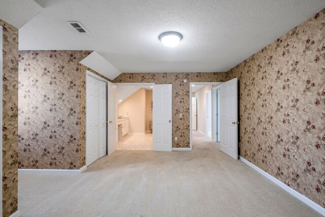 empty room with light carpet, vaulted ceiling, and a textured ceiling