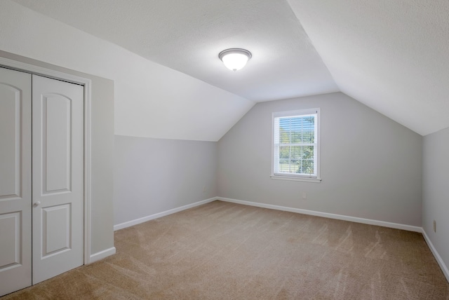 additional living space featuring lofted ceiling, light colored carpet, and a textured ceiling