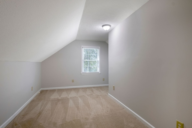 additional living space with lofted ceiling, light carpet, and a textured ceiling