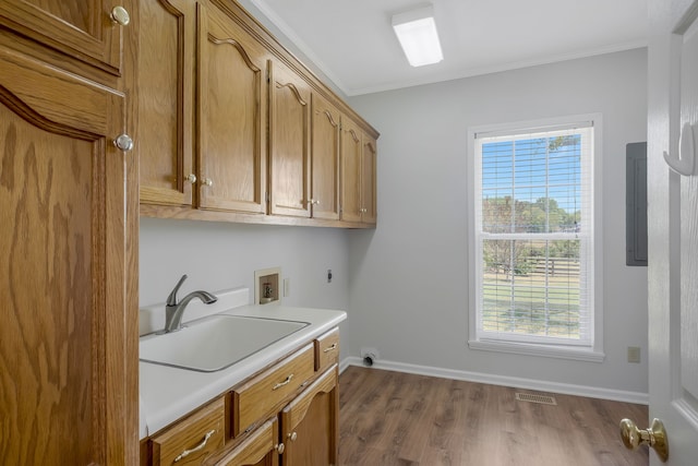 laundry area with hookup for a washing machine, plenty of natural light, cabinets, and sink