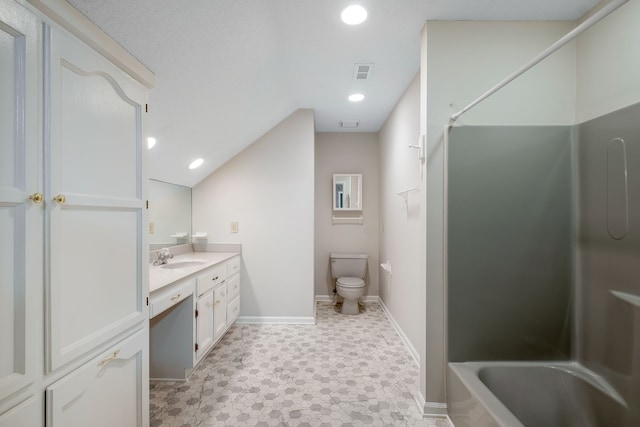 full bathroom with vanity, toilet, vaulted ceiling, and shower / tub combination