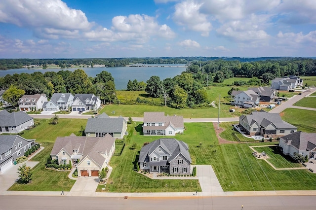 bird's eye view with a water view