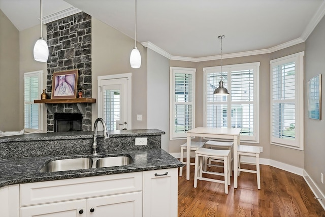 kitchen featuring a healthy amount of sunlight, sink, and dark hardwood / wood-style flooring