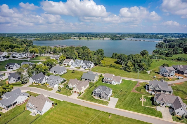 drone / aerial view featuring a water view