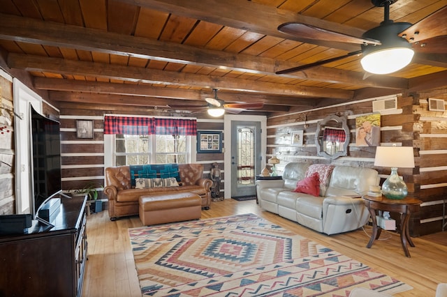 living room featuring ceiling fan, wood ceiling, light hardwood / wood-style floors, and beamed ceiling