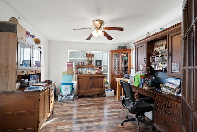 office area featuring a wealth of natural light, ceiling fan, and dark hardwood / wood-style flooring