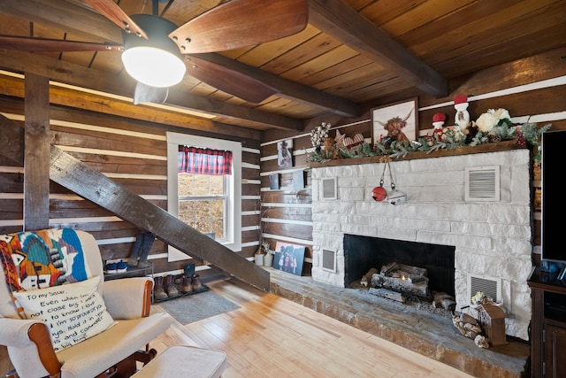 living room with hardwood / wood-style flooring, a fireplace, wood ceiling, ceiling fan, and beam ceiling