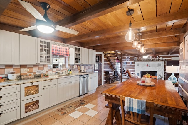 kitchen featuring pendant lighting, dishwasher, sink, ceiling fan, and white cabinets