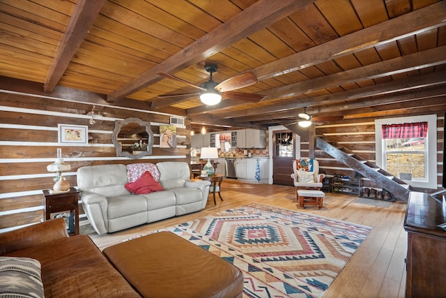 living room featuring wooden walls, ceiling fan, wooden ceiling, beam ceiling, and light hardwood / wood-style floors