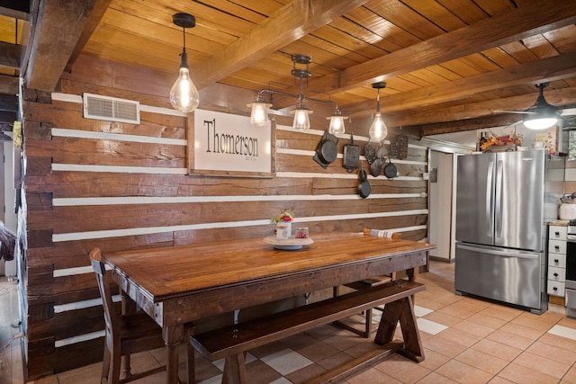 tiled dining space with wood ceiling, ceiling fan, wood walls, and beam ceiling