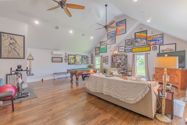 living room featuring a wall mounted AC, hardwood / wood-style flooring, billiards, and ceiling fan