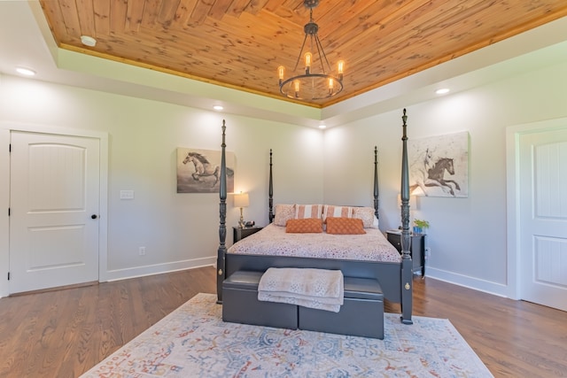 bedroom featuring dark hardwood / wood-style floors, wooden ceiling, and a tray ceiling