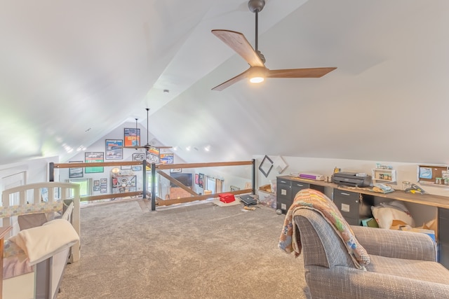 rec room featuring vaulted ceiling, ceiling fan, and carpet