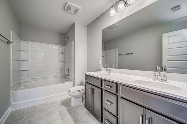 full bathroom with toilet, washtub / shower combination, vanity, and tile patterned flooring